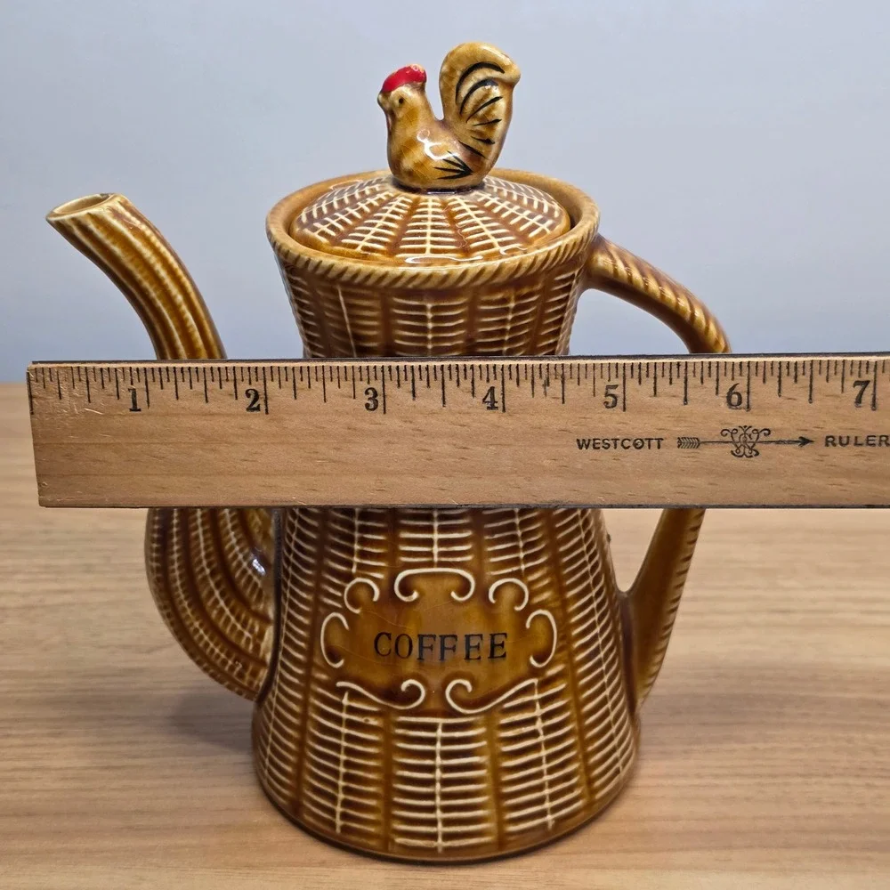 Vintage 1950s Rooster Coffee Tea‎ Pot Basket Weave Wicker Japan Brown Ceramic